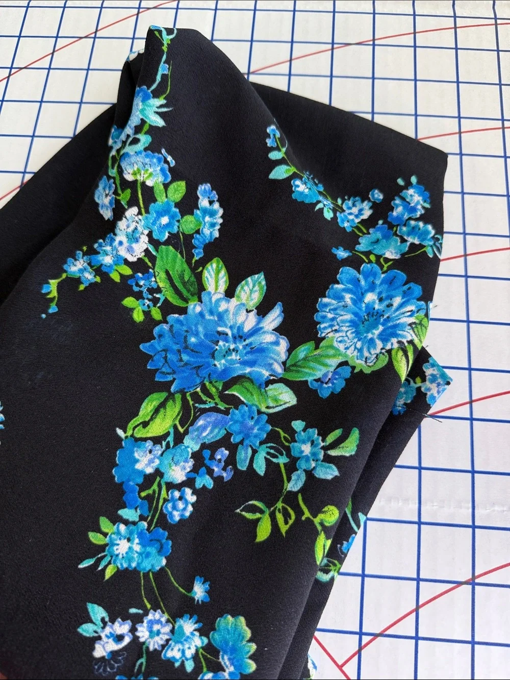 Suggested Title  Vintage 1980s Blue/Black Floral Polyester Dress Fabric 1.5 Yds